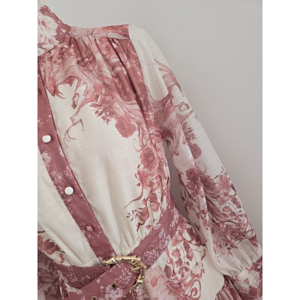 Floral Maxi Chinoiserie High Neck Belted Long Sleeves Mauve Pink Cream Dress M - Picture 10 of 12